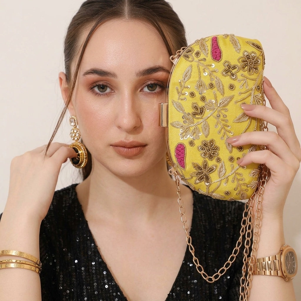 Aitana Yellow — Raw Silk Embroidered Clutch