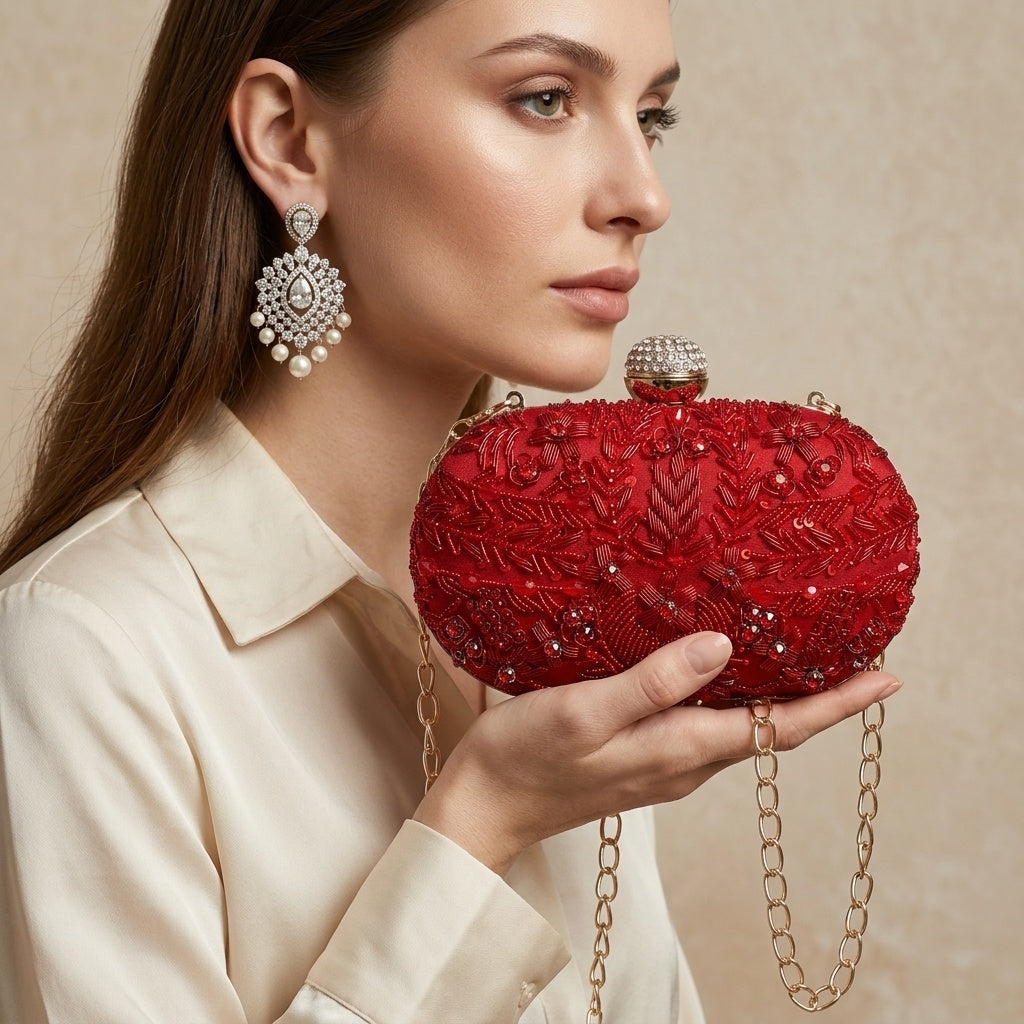 Advika Red — Raw Silk Embroidered Clutch