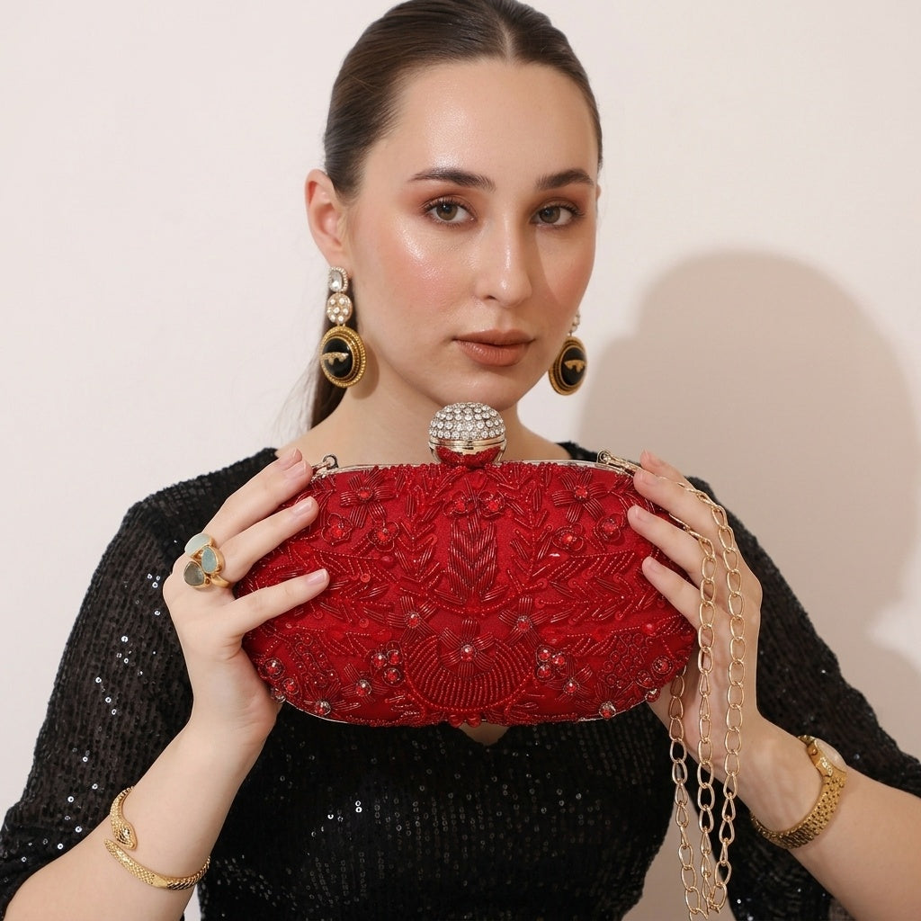 Advika Red — Raw Silk Embroidered Clutch