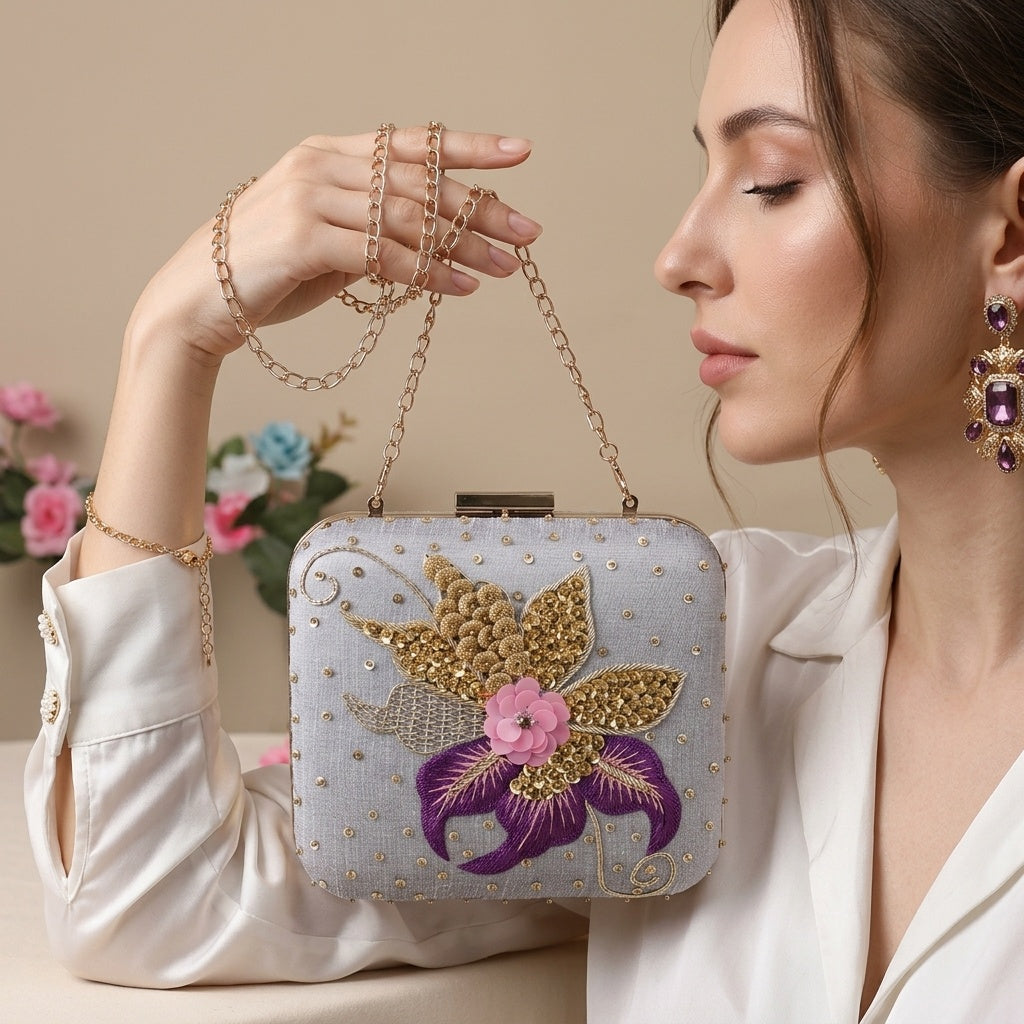 Sanjana Lavender — Raw Silk Embroidered Clutch