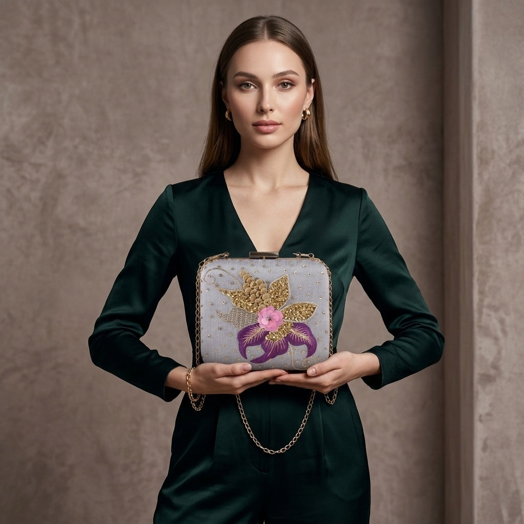 Sanjana Lavender — Raw Silk Embroidered Clutch