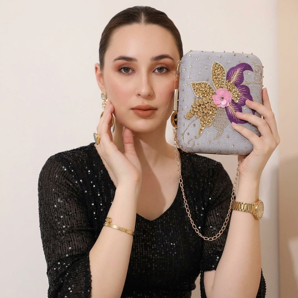 Sanjana Lavender — Raw Silk Embroidered Clutch