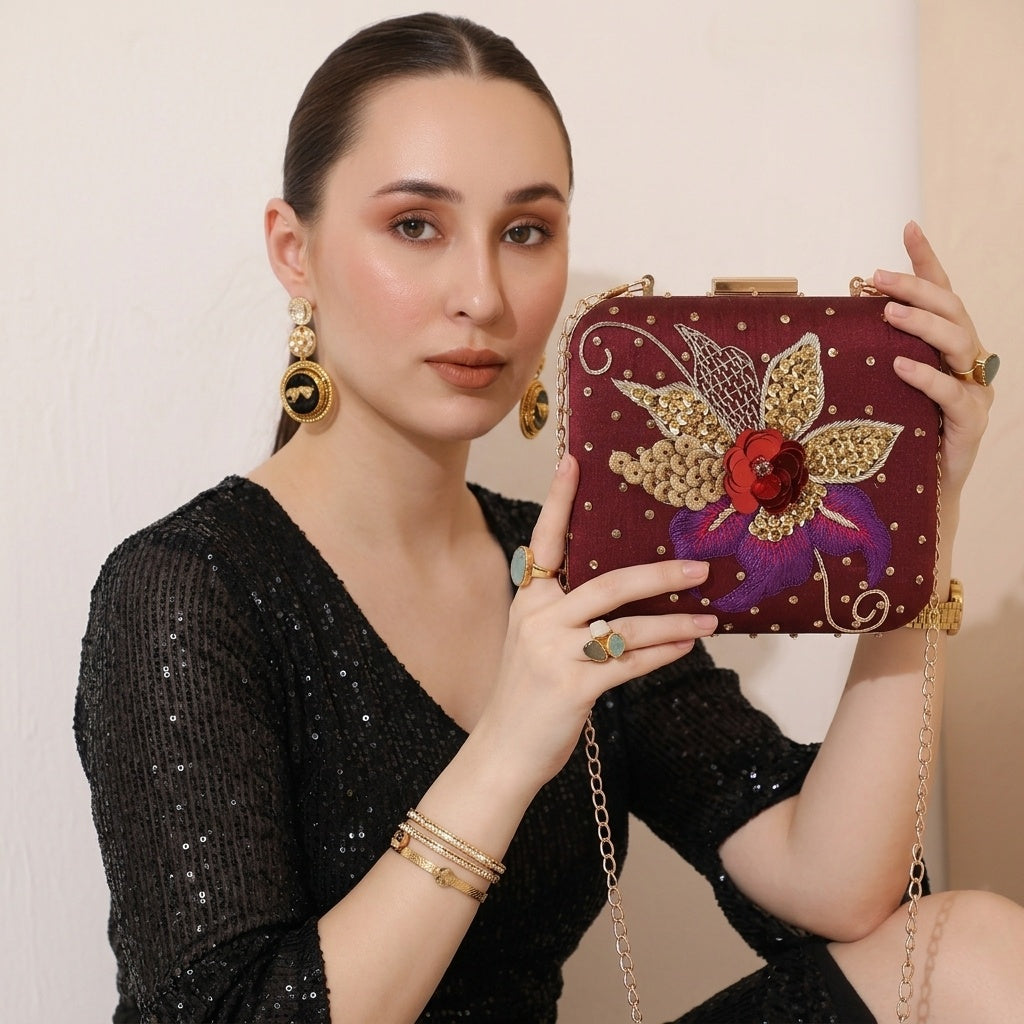 Aryahi Maroon — Raw Silk Embroidered Clutch
