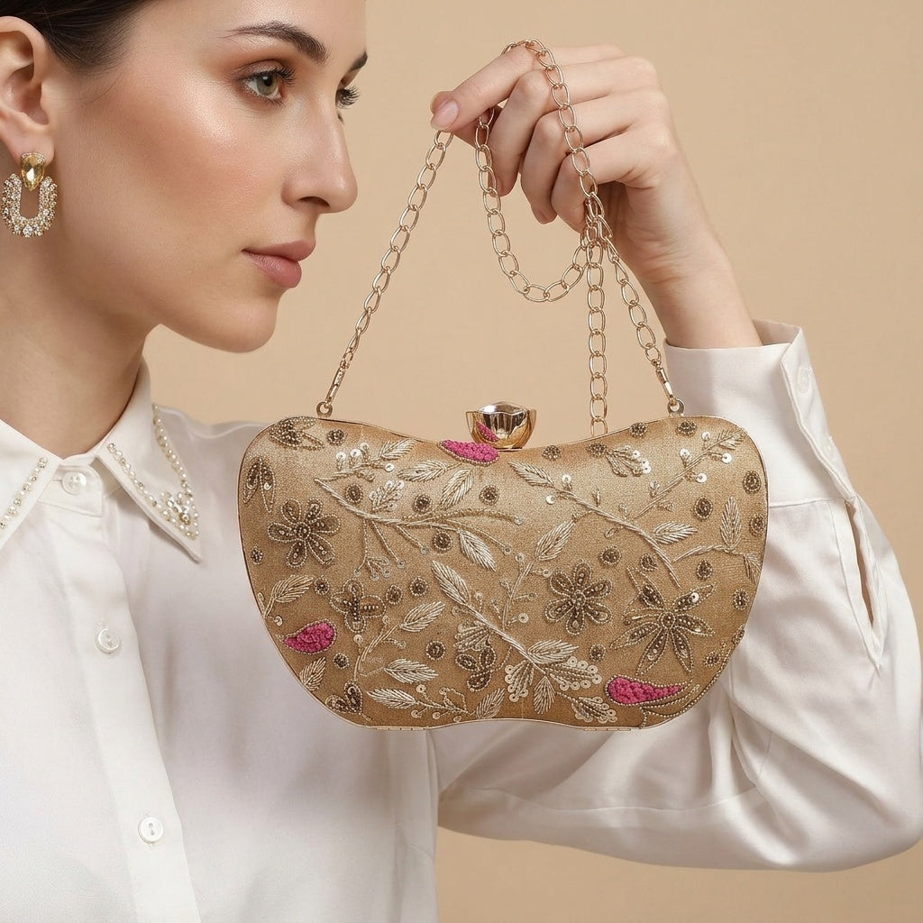 Safeena Golden Classic — Raw Silk Embroidered Clutch