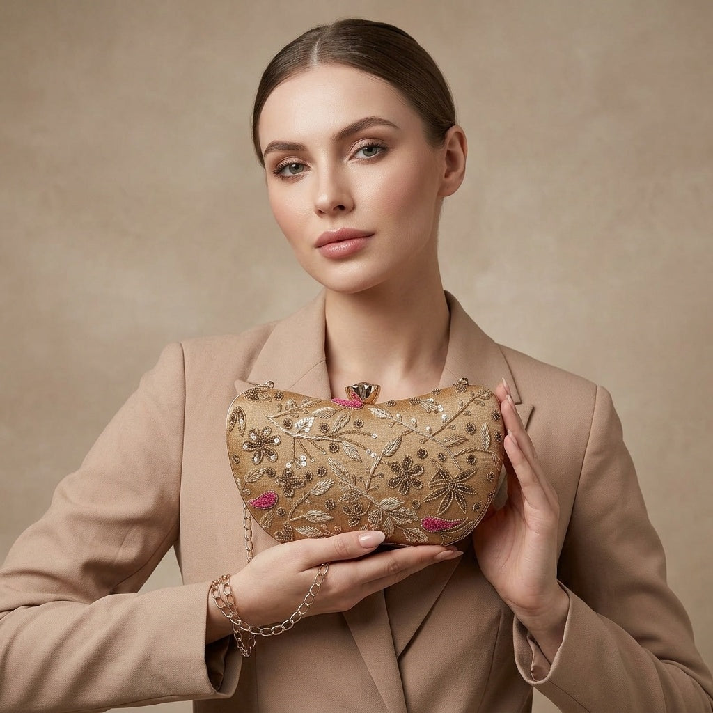 Safeena Golden Classic — Raw Silk Embroidered Clutch