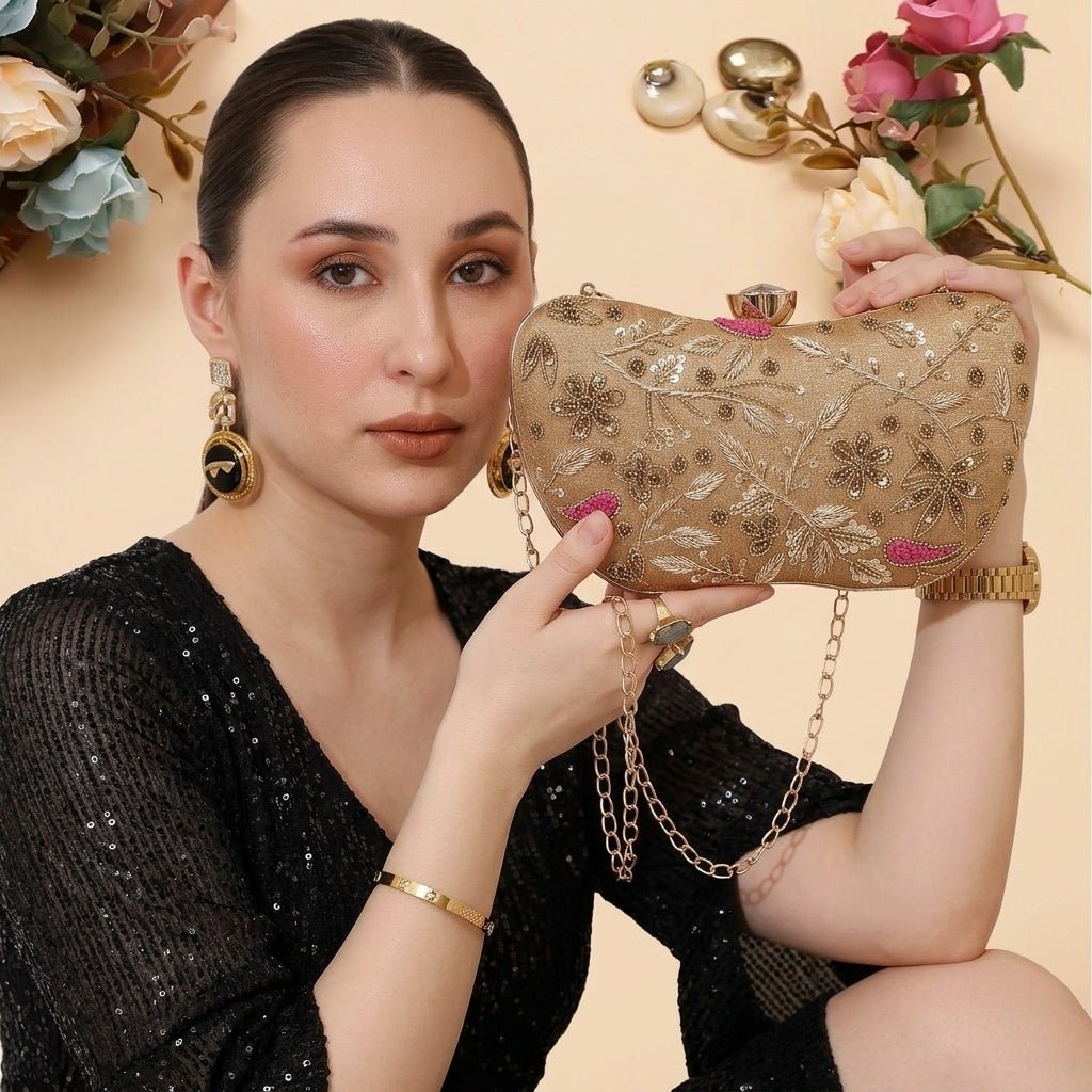 Safeena Golden Classic — Raw Silk Embroidered Clutch