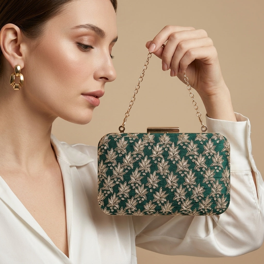 Jiya Green — Raw Silk Embroidered Clutch