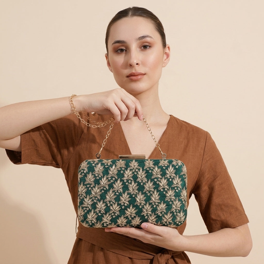 Jiya Green — Raw Silk Embroidered Clutch
