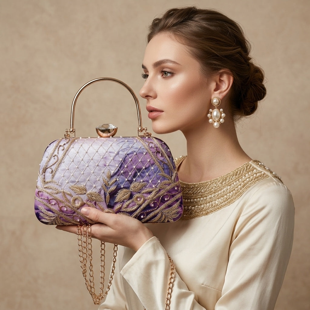 Inaya Heritage — Satin Printed Embroidered Clutch
