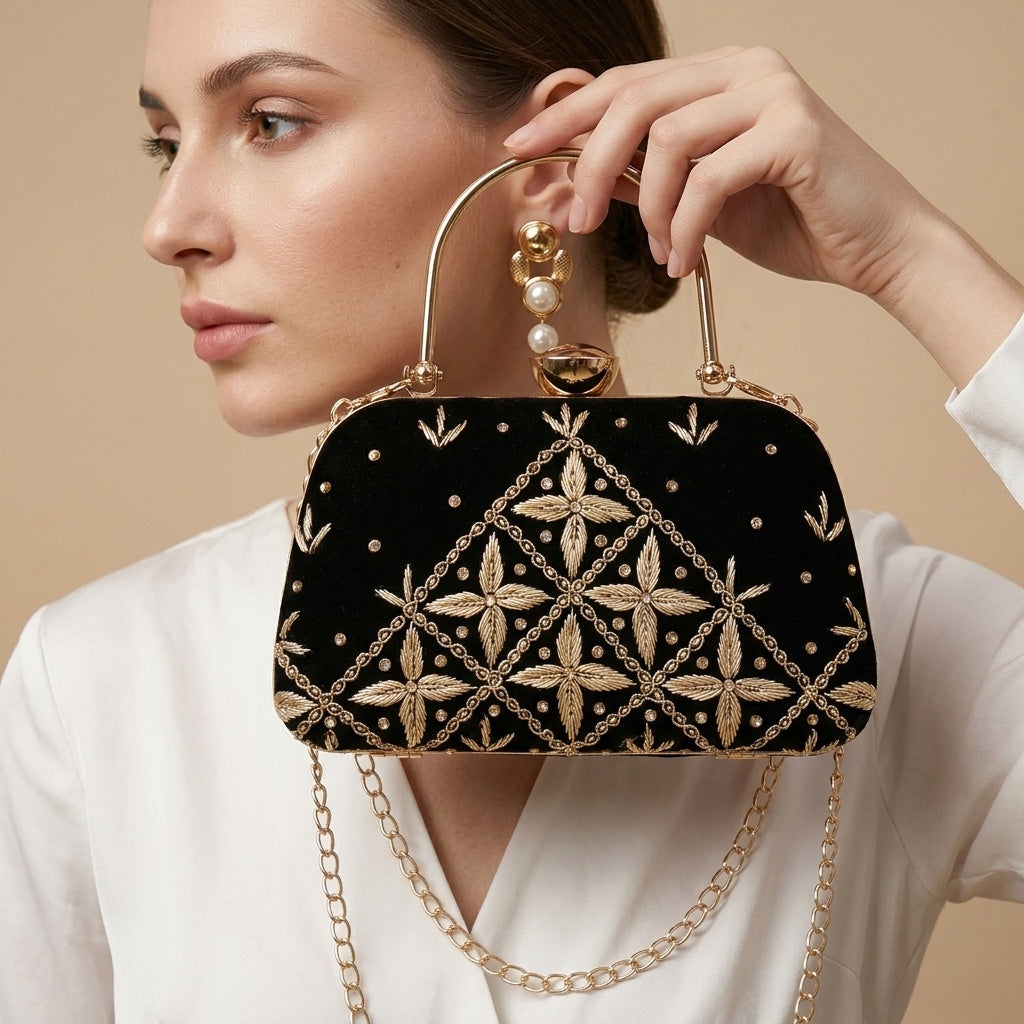 Vidya Black Classic — Velvet Embroidered Clutch