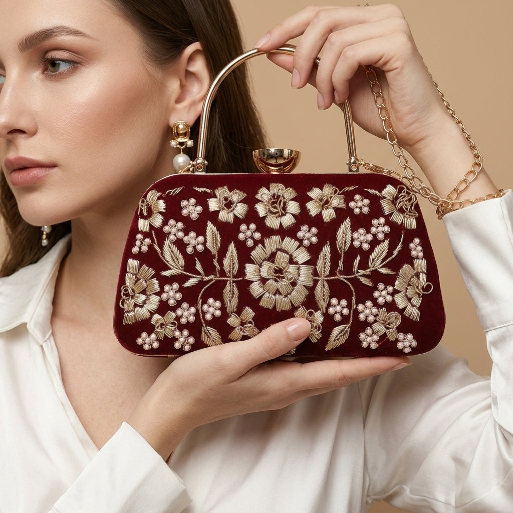Ahalya Maroon — Velvet Embroidered Clutch