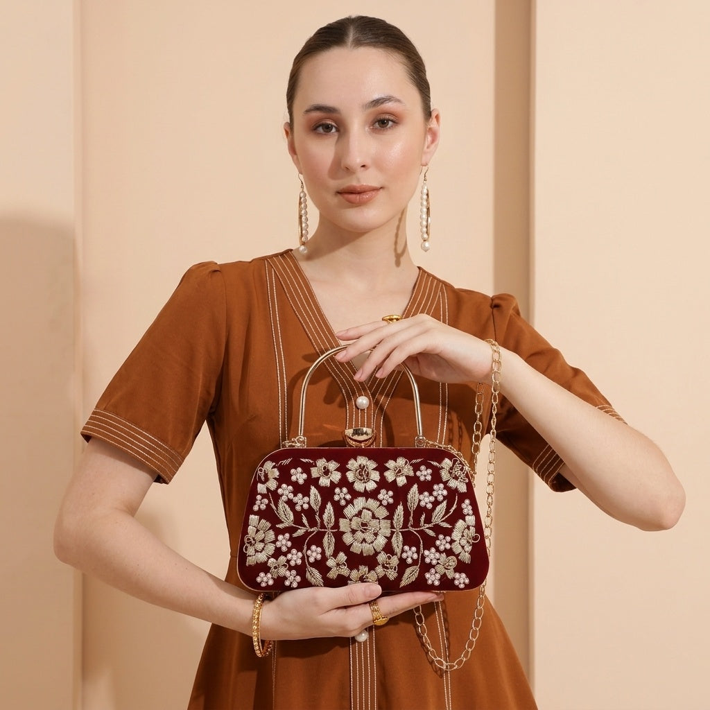 Ahalya Maroon — Velvet Embroidered Clutch