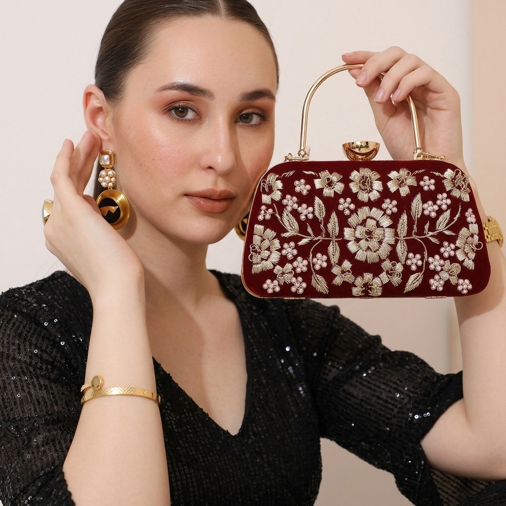 Ahalya Maroon — Velvet Embroidered Clutch