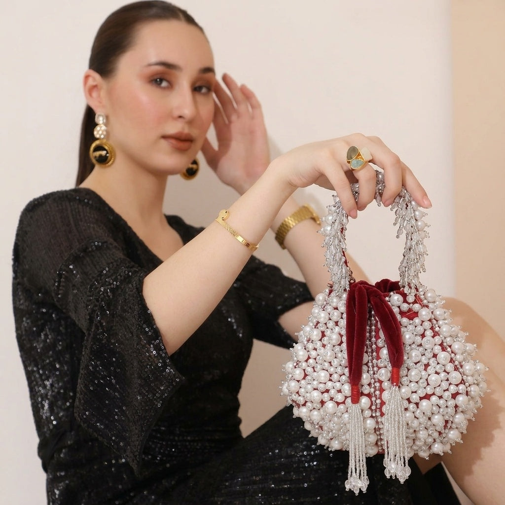 Parveen Red — Velvet Lotus Potli Bag