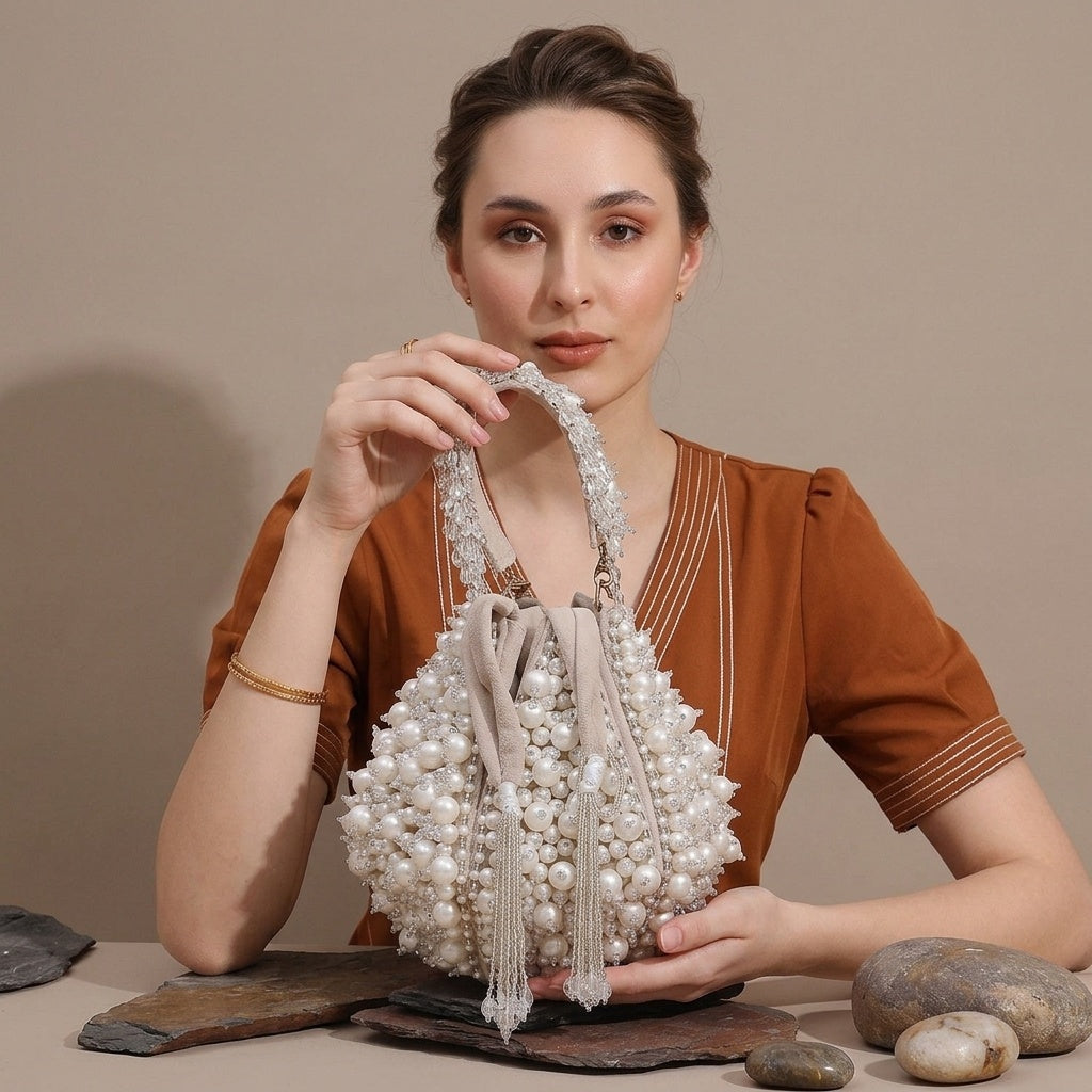 Shaila Beige — Velvet Lotus Potli Bag