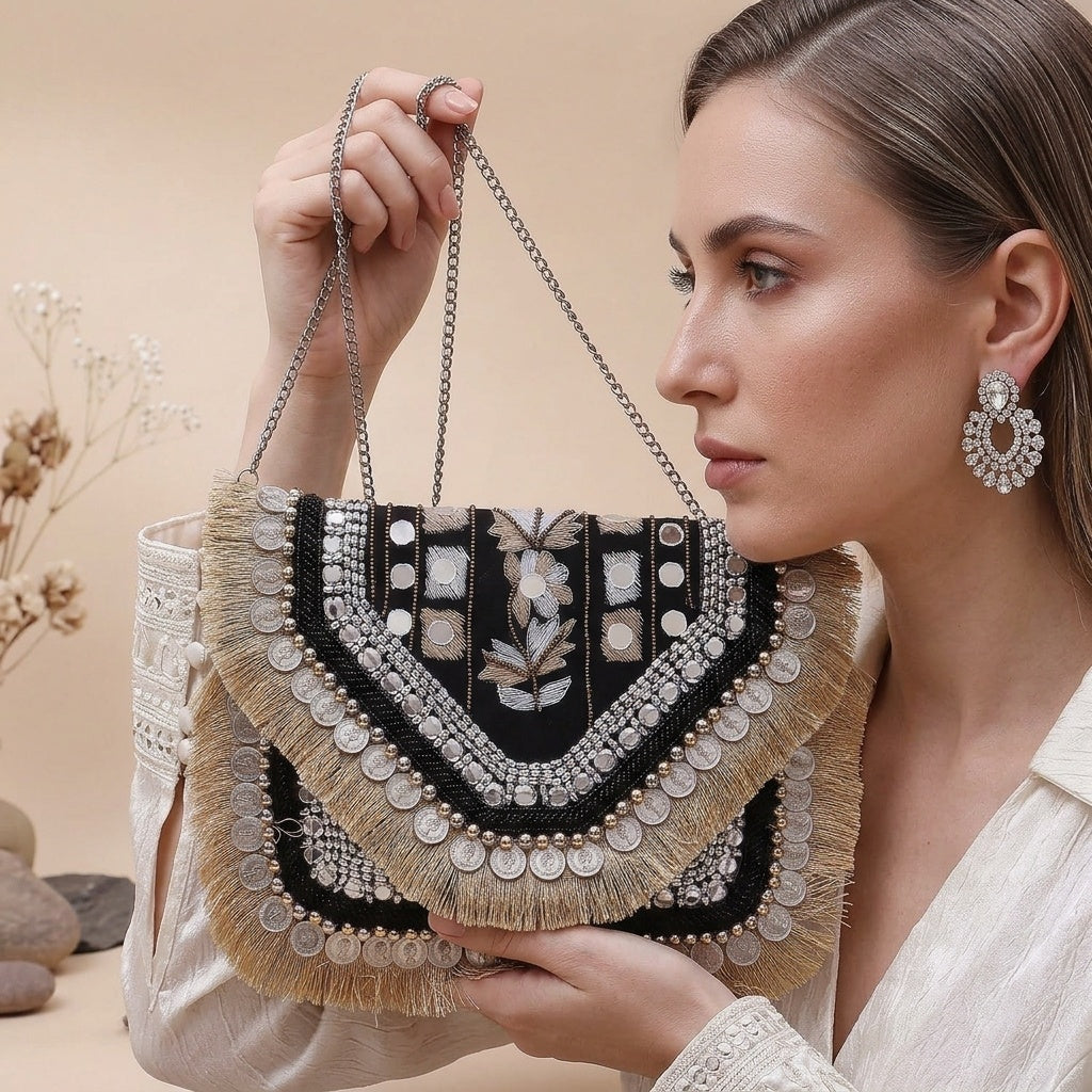 Rasika Black — Canvas Banjara Boho Bag