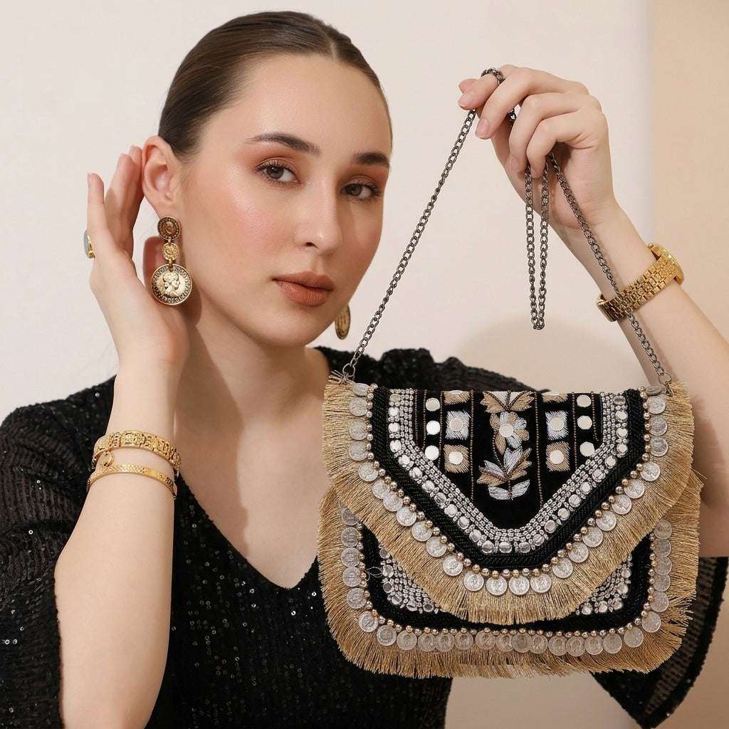 Rasika Black — Canvas Banjara Boho Bag