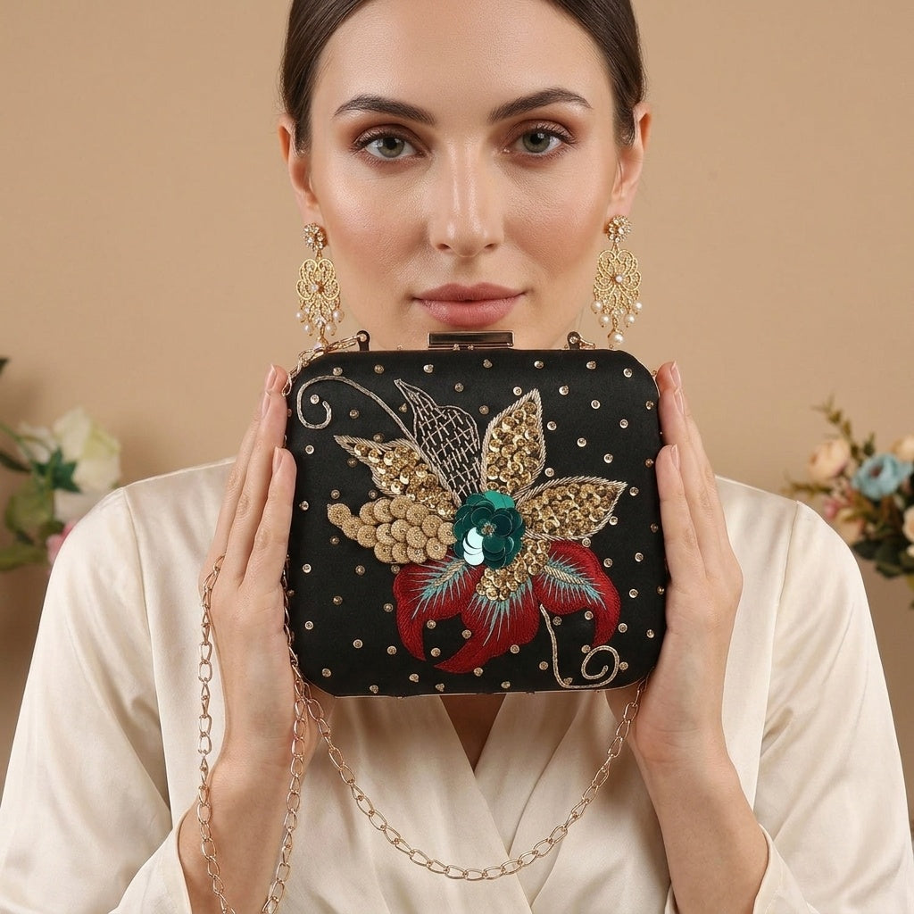 Payal Black — Raw Silk Embroidered Clutch