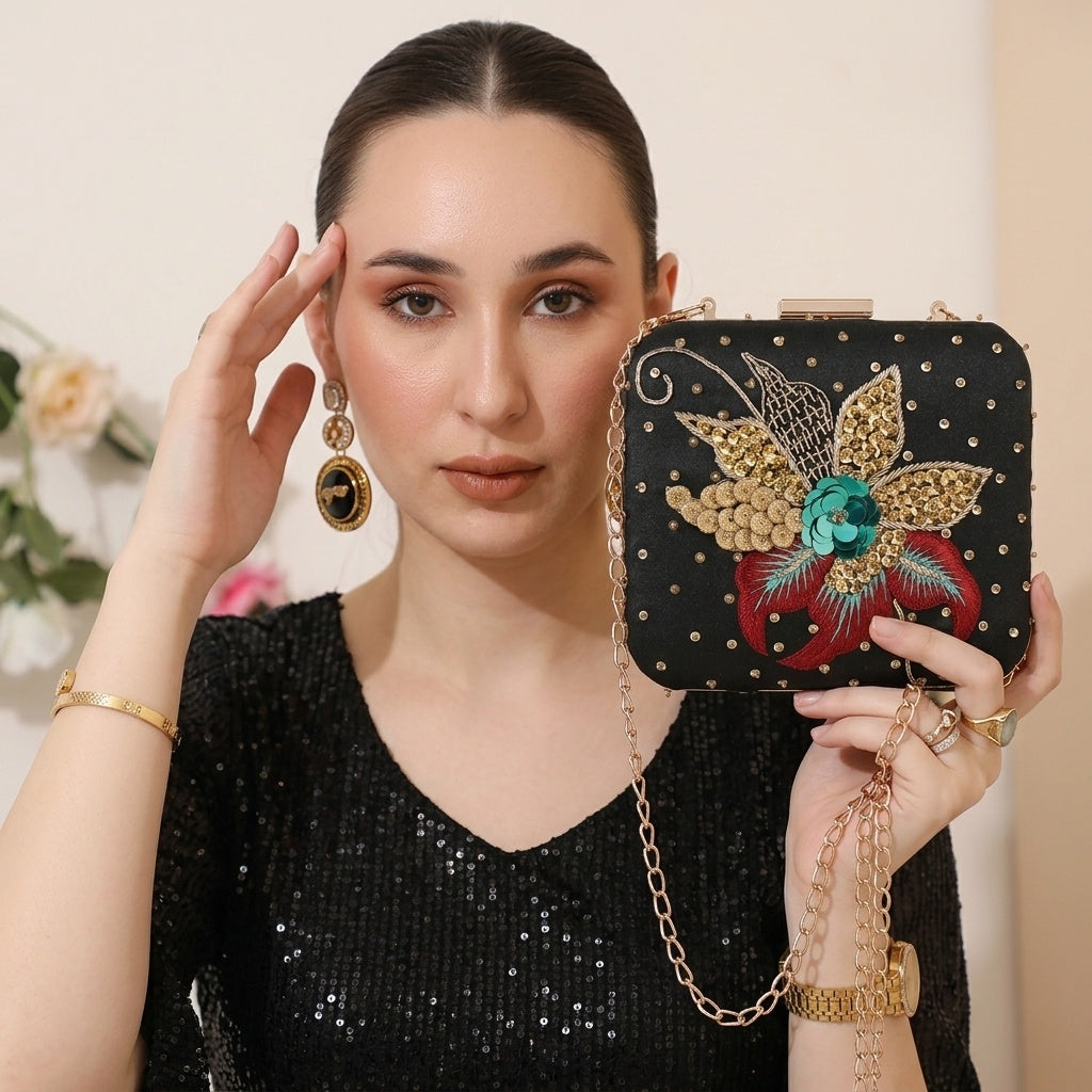 Payal Black — Raw Silk Embroidered Clutch