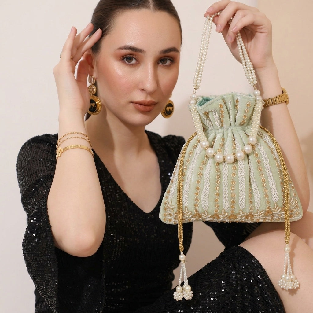 Anupama Pista Green — Velvet Potli Bag