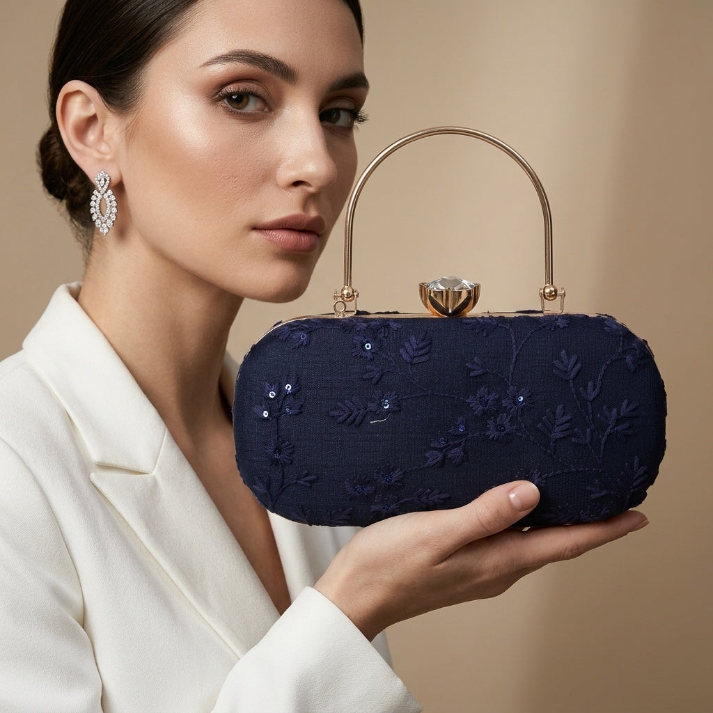 Ameera Navy Blue — Chikankari Classic Clutch