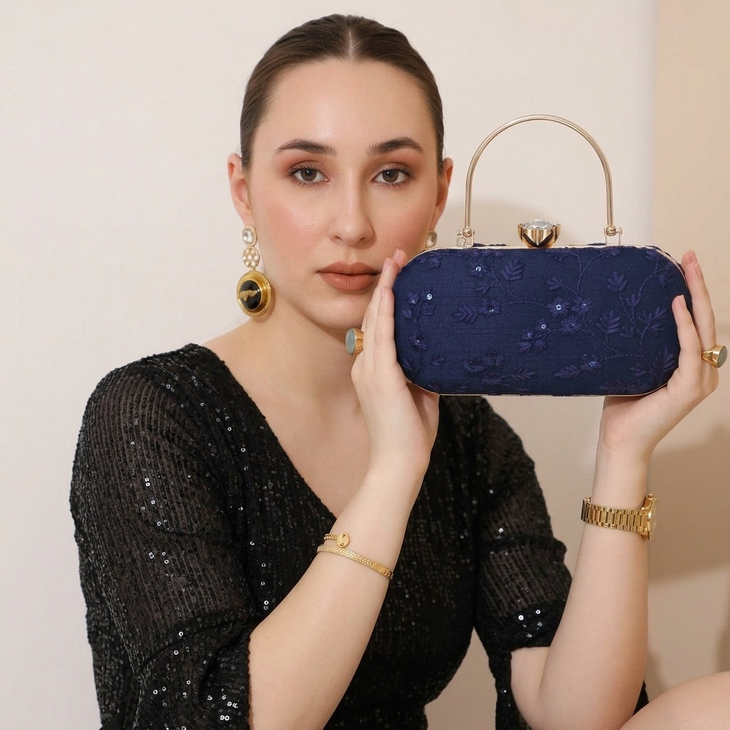 Ameera Navy Blue — Chikankari Classic Clutch