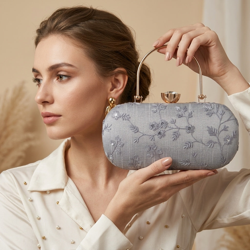Rukmini Grey — Chikankari Classic Clutch