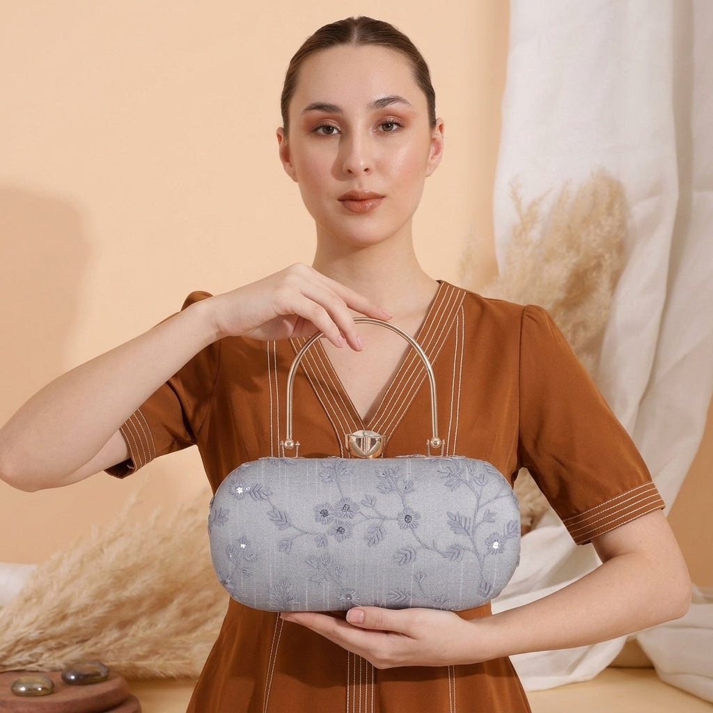 Rukmini Grey — Chikankari Classic Clutch