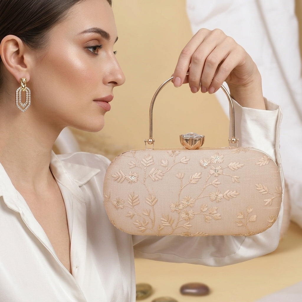 Devangi Beige — Chikankari Classic Clutch