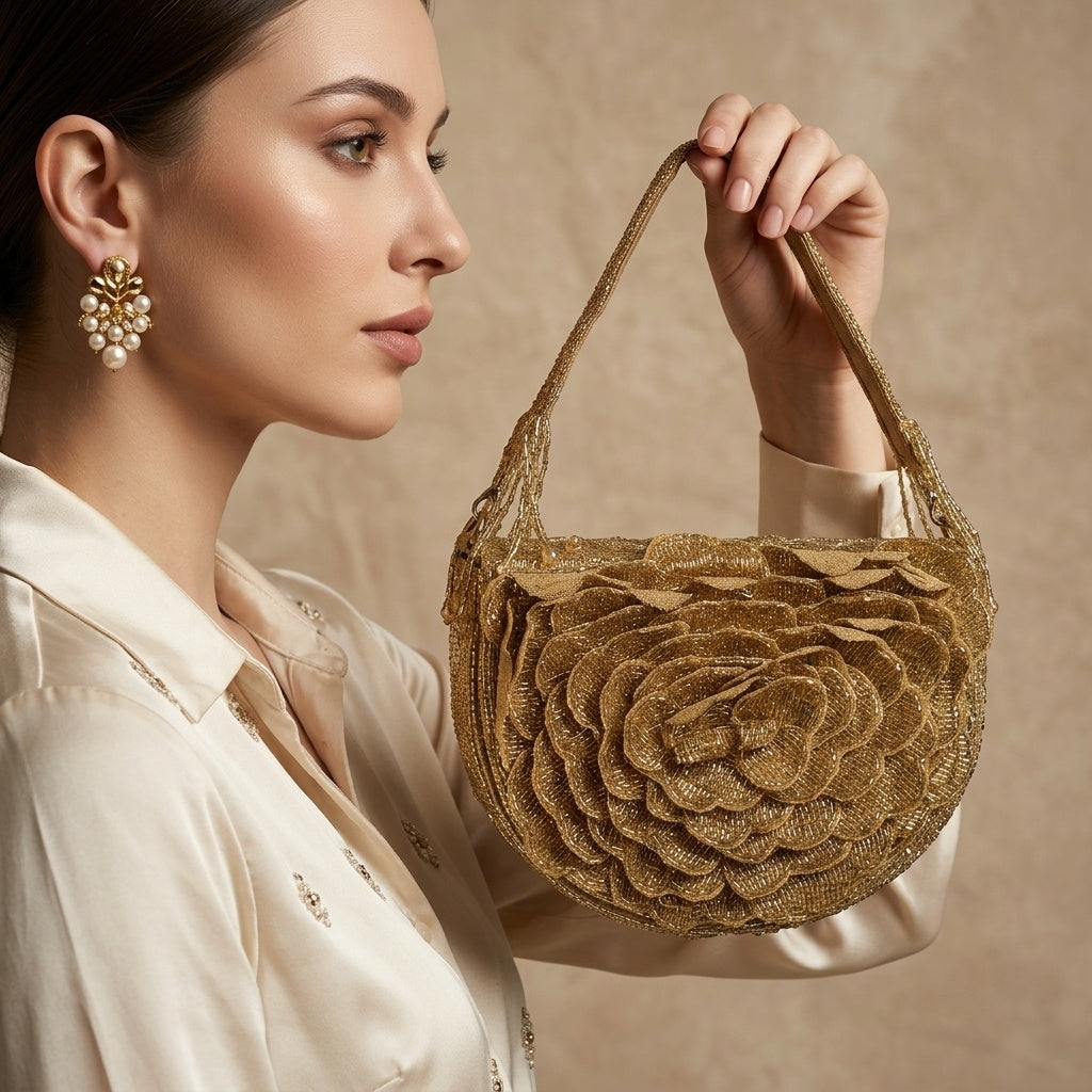 Jahnavi Golden — Raw Silk Flap Bag