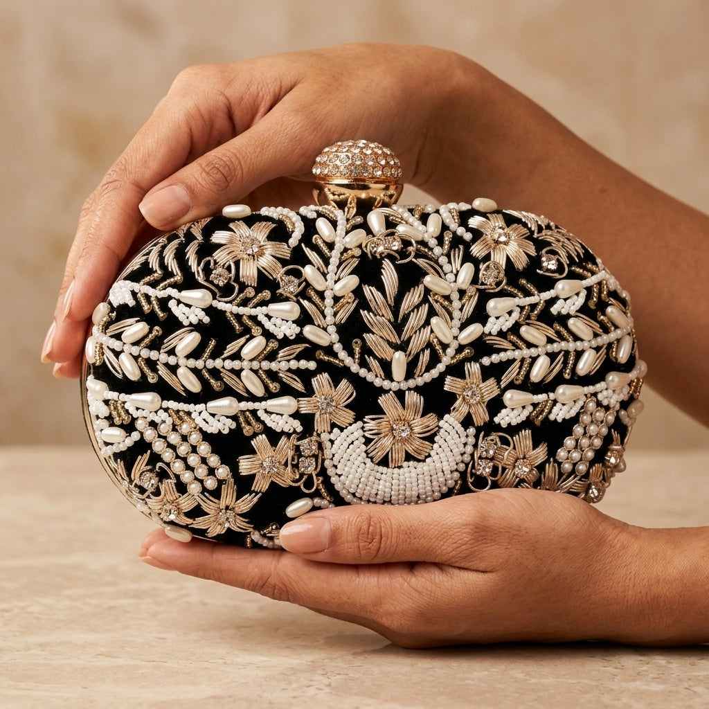 Swisni Hand-Embroidered Clutch Bag for Women | Zari Sequin Bridal Purse | Wedding Party Handbag | SWIS-112