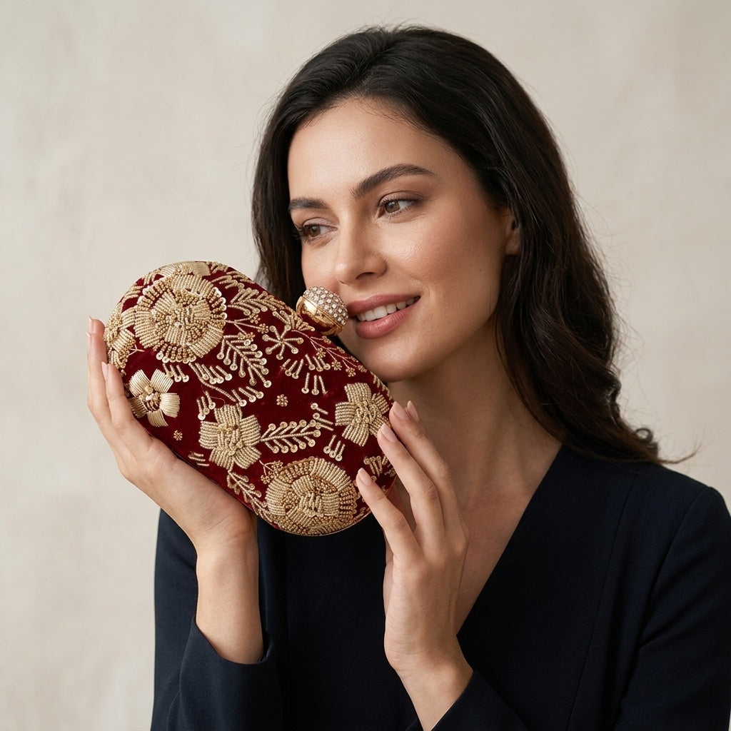 Swisni Hand-Embroidered Clutch Bag for Women | Zari Sequin Bridal Purse | Wedding Party Handbag | SWIS-116