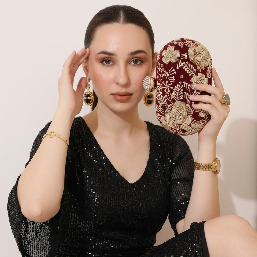 Netra maroon velvet embroidered clutch, back view