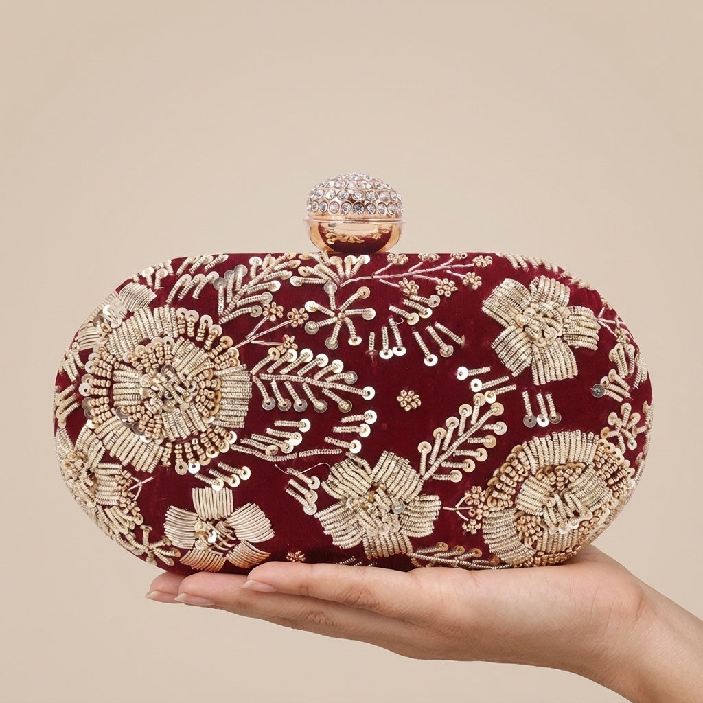 Netra maroon clutch, zari embroidery close-up
