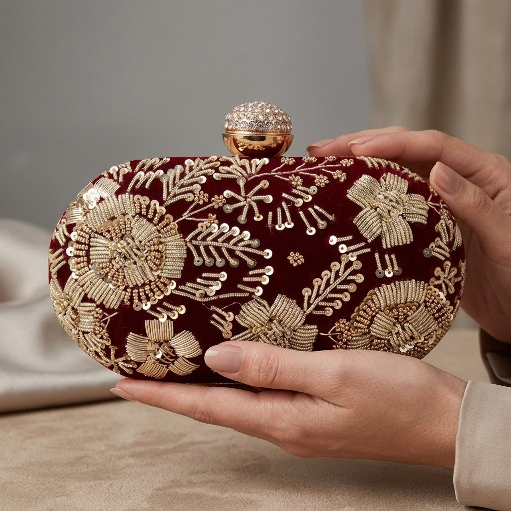Netra maroon velvet clutch, inside lining