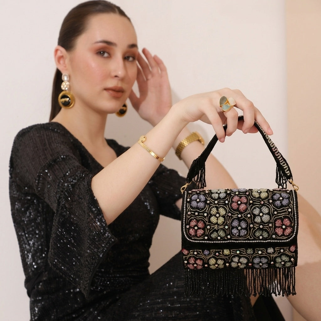 Roopa Black — Raw Silk Flap Bag