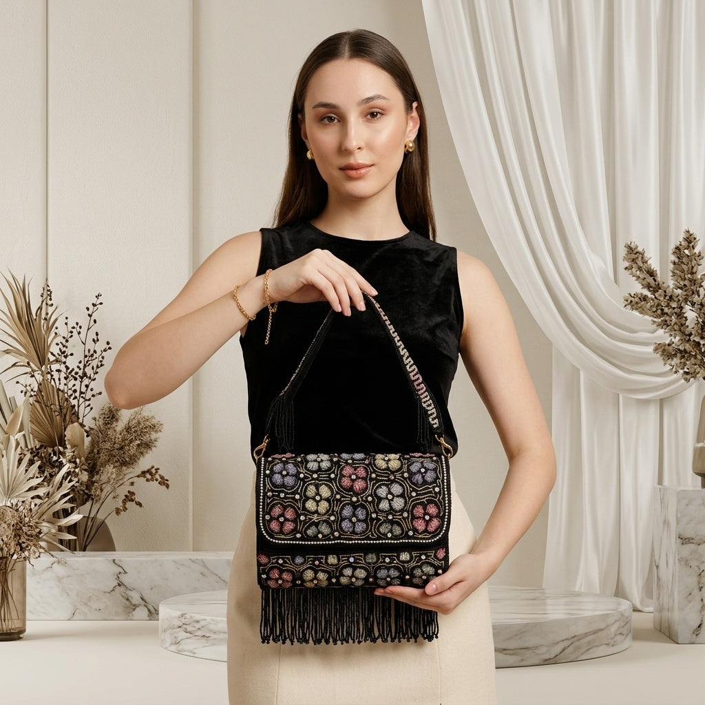 Roopa Black — Raw Silk Flap Bag