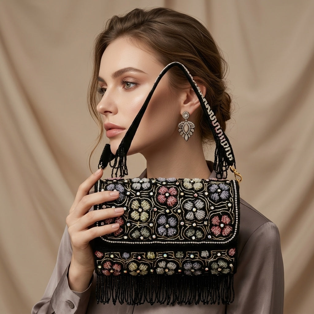 Roopa Black — Raw Silk Flap Bag