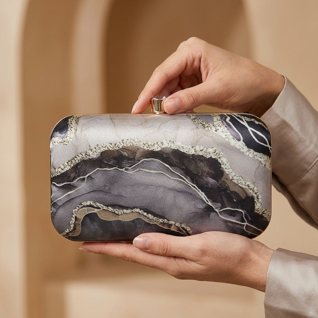 Nusrat clutch, print pattern detail
