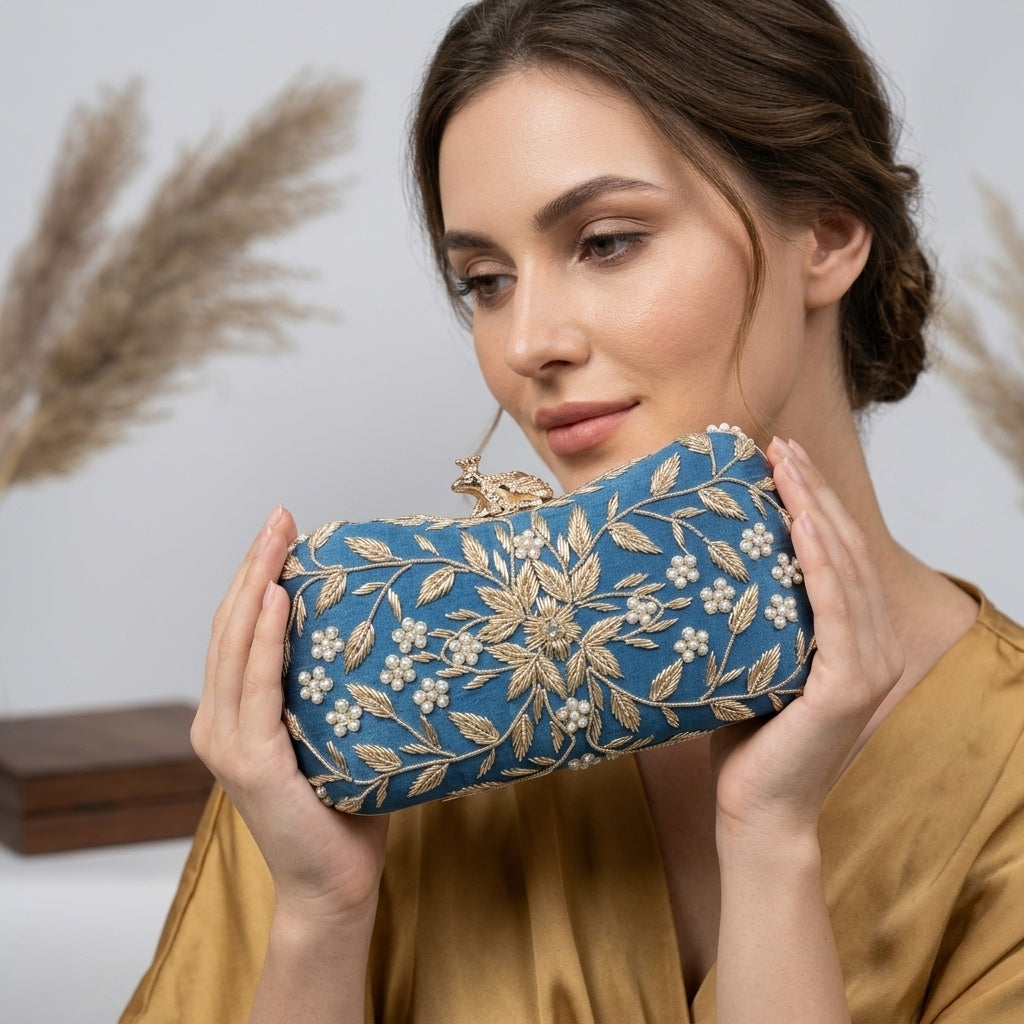 Fiza Blue — Raw Silk Embroidered Clutch