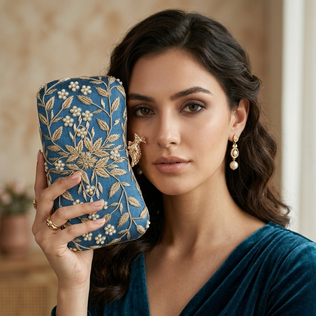 Fiza Blue — Raw Silk Embroidered Clutch