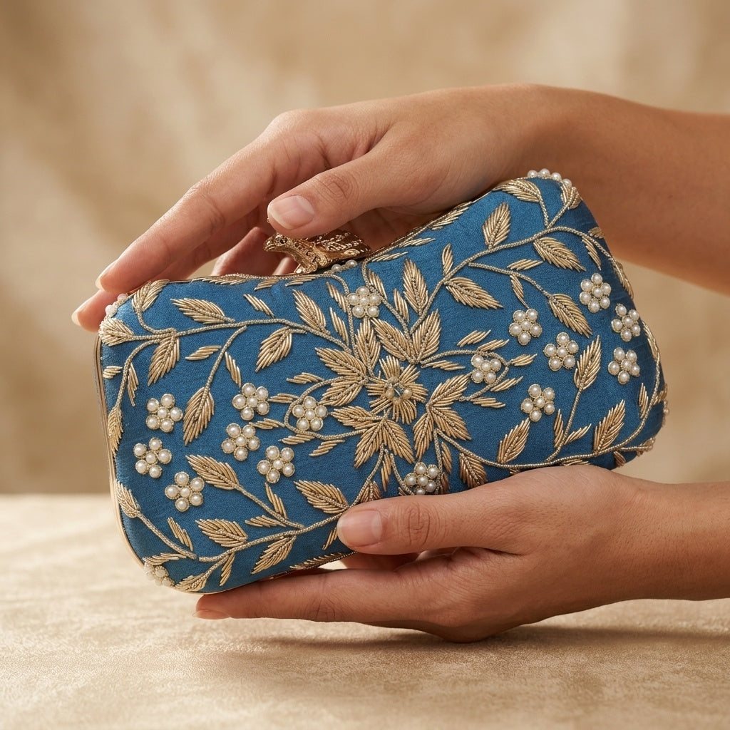 Fiza Blue — Raw Silk Embroidered Clutch