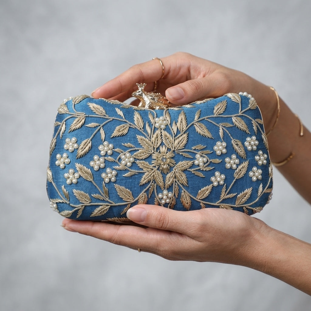 Fiza Blue — Raw Silk Embroidered Clutch