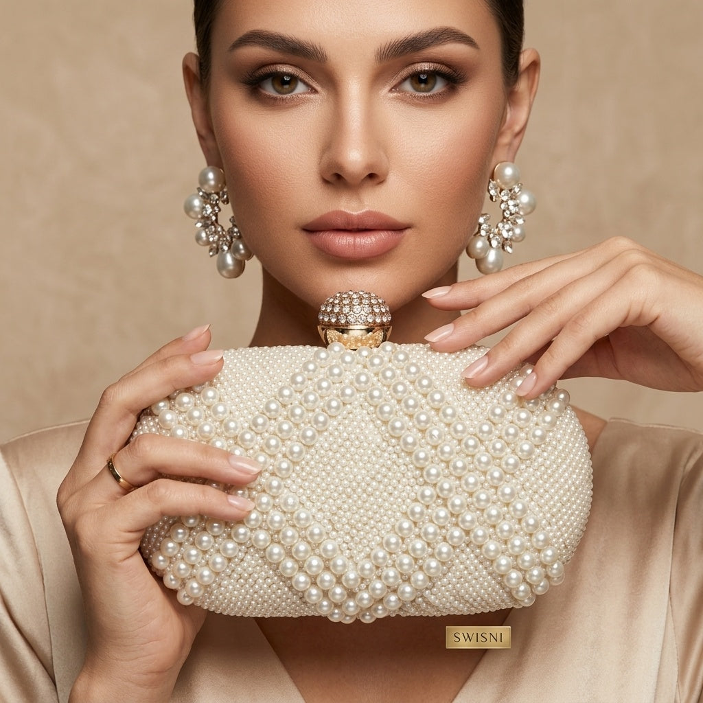 Swisni Hand-Embroidered Clutch Bag for Women | Dabka Zari Bridal Purse | Wedding Festive Handbag | SWIS-158