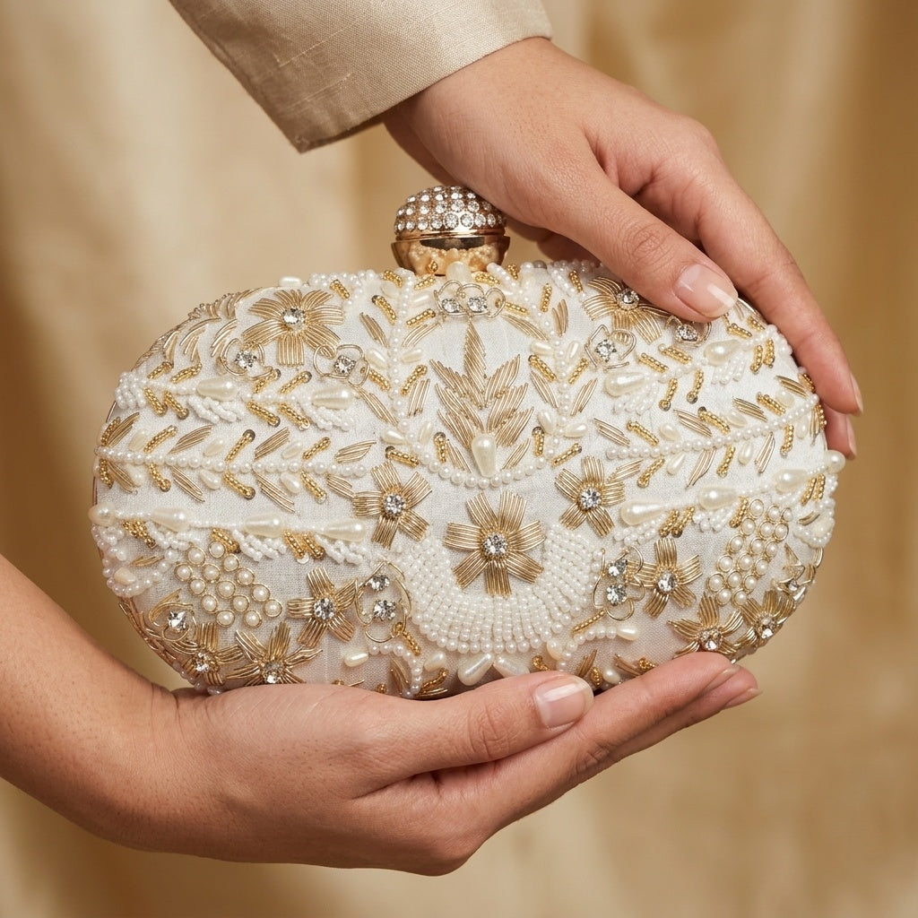 Karuna white embroidered clutch, back view