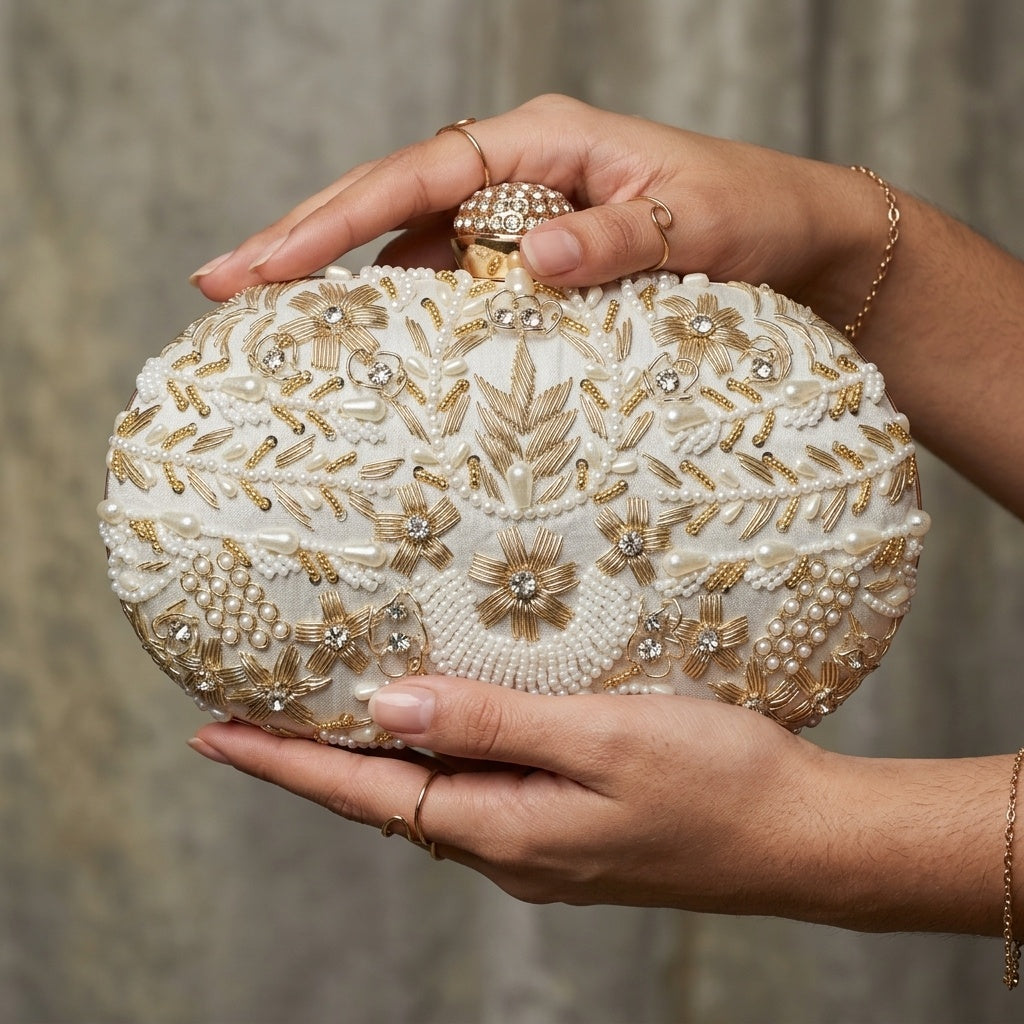 Karuna white clutch, zari embroidery close-up