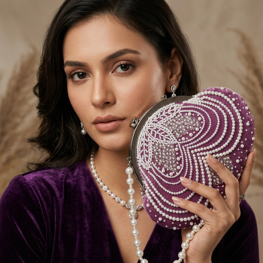 Jannat lavender velvet batua bag, back view