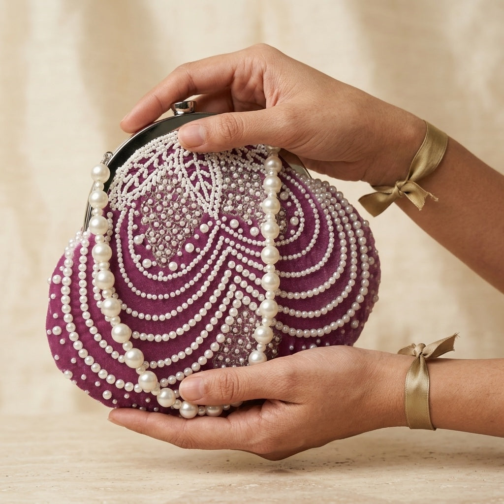 Jannat lavender velvet batua bag, embroidery close-up