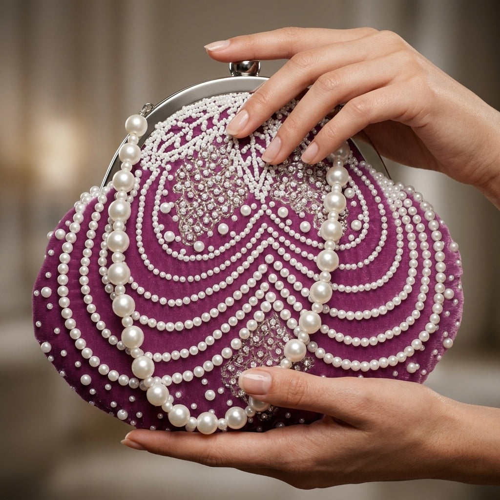 Jannat lavender velvet batua bag, clasp detail
