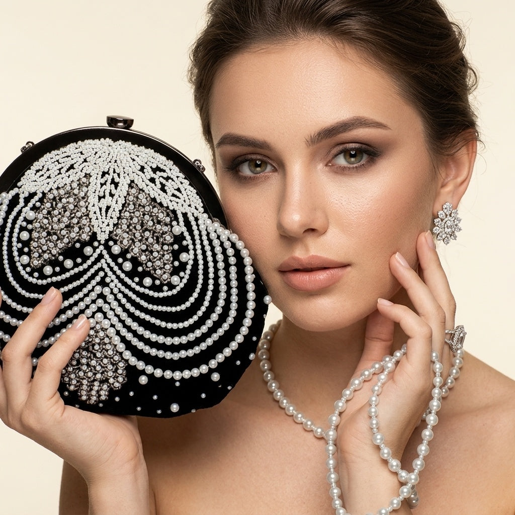 Manasi black velvet batua bag, embroidery close-up